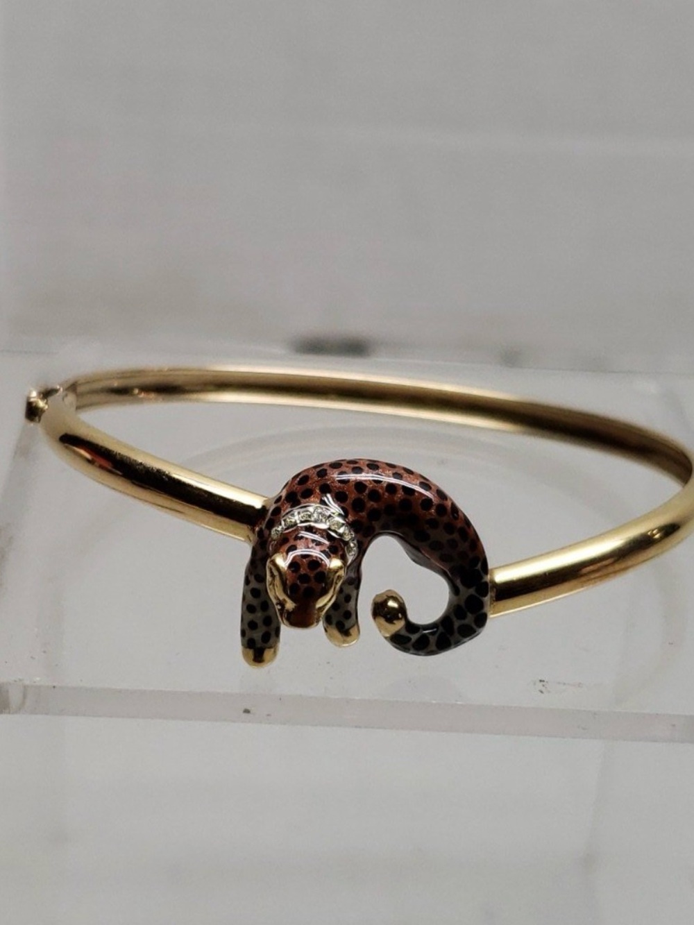 14k Yellow Gold Enamel Diamond Leopard Bangle Bracelet SLC